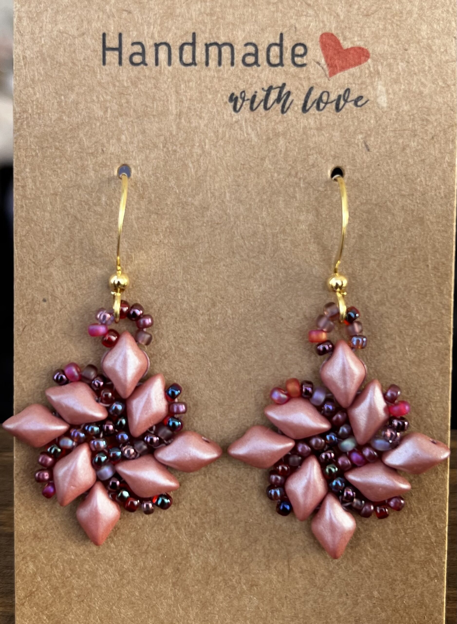 Beaded Swirl earrings with diamond duo beads, pink